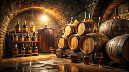 Wooden wine barrels in a dimly lit old cellar with vintage wines, whiskey and rum stored inside