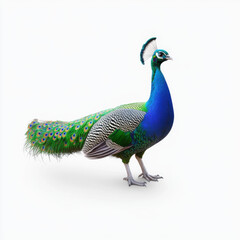 Fototapeta premium Graceful peacock with vibrant plumage, poised against a stark white background, highlighting its colorful feathers and regal stance.