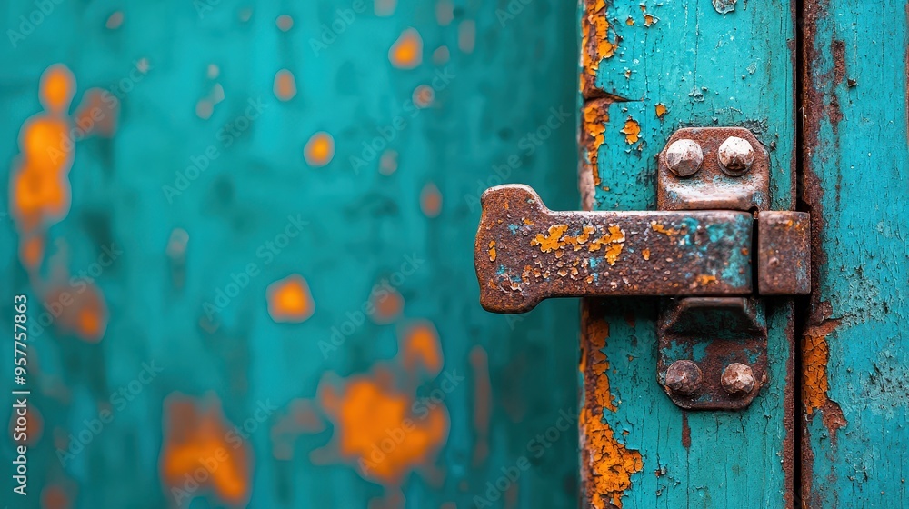 Poster a detailed shot of a rusty hinge on an old door highlighting the texture and color of oxidation