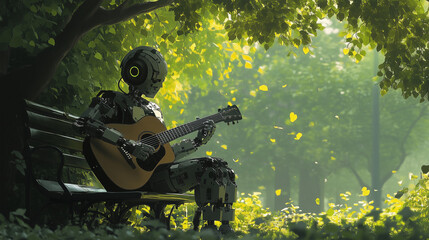 A robot playing an acoustic guitar while sitting on a bamboo bench by the riverside
