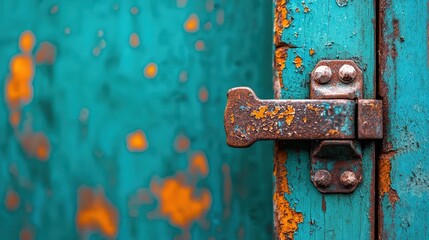 A detailed shot of a rusty hinge on an old door highlighting the texture and color of oxidation