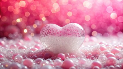 Fototapeta premium Heart shape made of soap foam on pink bokeh background with bubbles , spa, beauty treatment, hygiene
