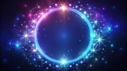 Neon light circular frame surrounded by sparkling stars, neon, light, circular, frame, stars, sparkling, glow