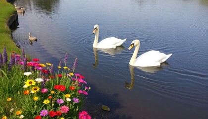 Obraz premium A tranquil river with white swans gliding gracefully, bordered by vibrant wildflowers