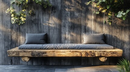 Rustic Wooden Bench with Cushions and Greenery