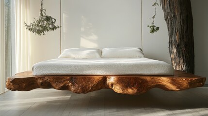 Rustic Wooden Floating Bed with Tree Trunk and Greenery