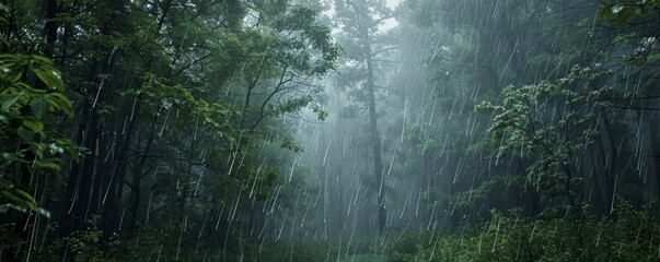 Obraz premium Heavy rain falling during thunderstorm in forest, 4K hyperrealistic photo