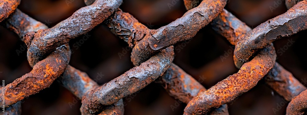 Poster an up-close view of a complex rust pattern on rusted metal mesh