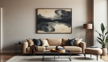 an elegant home decor setup with a large framed piece of dark abstract artwork above a contemporary sofa, complemented by earth-toned accents and clean lines in furniture design.