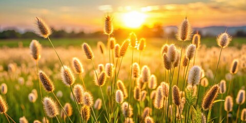 Grass field with swaying seed heads at sunset, Grass, field, sunset, nature, landscape, meadow, peaceful, tranquil, serene