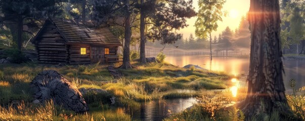 Gentle dawn light over a rustic cabin, 4K hyperrealistic photo