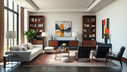 an elegant interior space with natural light coming through floor-to-ceiling windows, showcasing a mix of mid-century modern furniture including a sleek sofa and vintage leather chairs