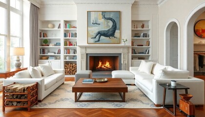 an elegant living room with a white sectional sofa, a wooden coffee table, and a fireplace with a roaring fire