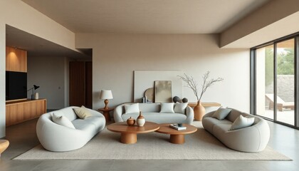 an elegant open-concept living area with smooth plaster walls, organic-shaped furniture pieces, and subtle decorative elements that complement the serene color palette