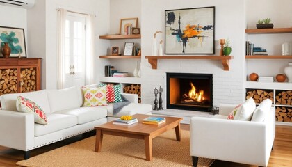 an interior featuring a white sectional sofa with colorful pillows, a wooden coffee table, and a lit fireplace