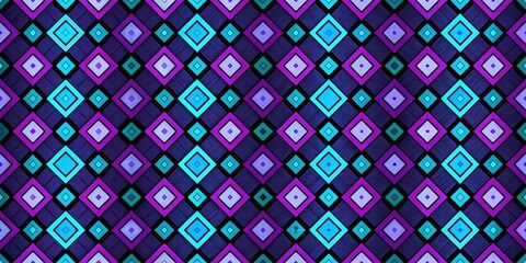 Obraz premium Seamless geometric purple and blue squares pattern on black background, seamless, geometric, purple, blue, squares
