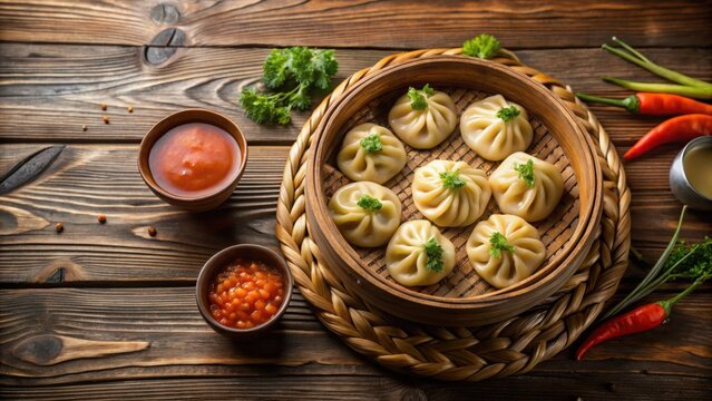 Traditional Nepalese veg steam momo with vegetable soup on rustic wooden background, Nepalese, momo, vegetable, steam, soup