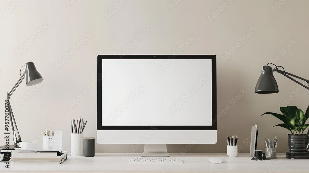 Poster minimalist white blank frame mockup on desk for easy insertion, copy space for design showcasing