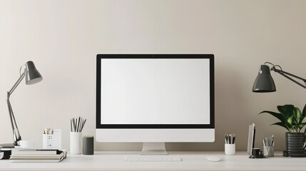 Minimalist White Blank Frame Mockup on Desk for Easy Insertion, Copy Space for Design Showcasing