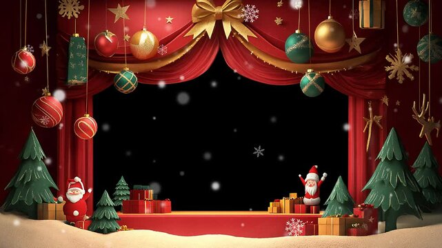 Christmas frame with falling snow. Stage decorated with Christmas ornaments such as Santa and presents. Transparent background.generated AI.(AI017)