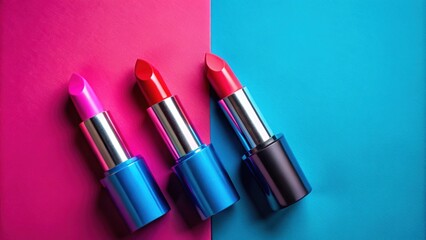 Obraz premium Pink and purple lipsticks on a vibrant red and blue background, lipsticks, cosmetics, makeup, beauty, vibrant, colorful