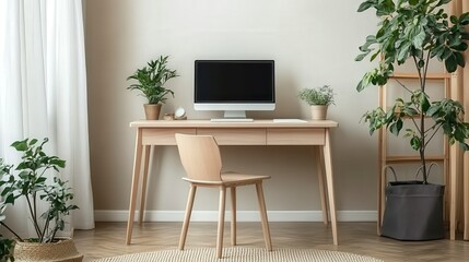 Serene Minimalist Desk with Plant and Frame for Clean, Uncluttered Aesthetic