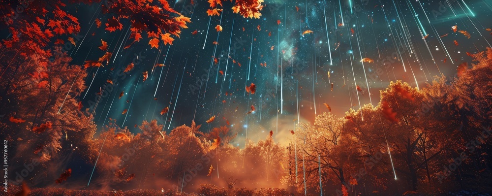 Wall mural meteor shower over autumn foliage, 4k hyperrealistic photo