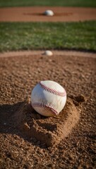 A baseball is in the dirt on a baseball field