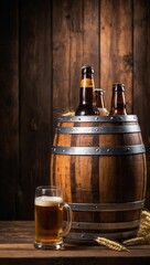 A mug of beer are on a table next to a barrel