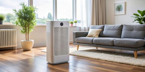 Smart home air purifier displayed in a modern living room setting , technology