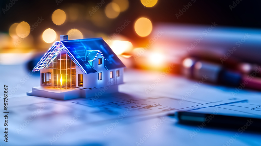 Poster modern smart home concept with futuristic technology and architectural blueprints in background