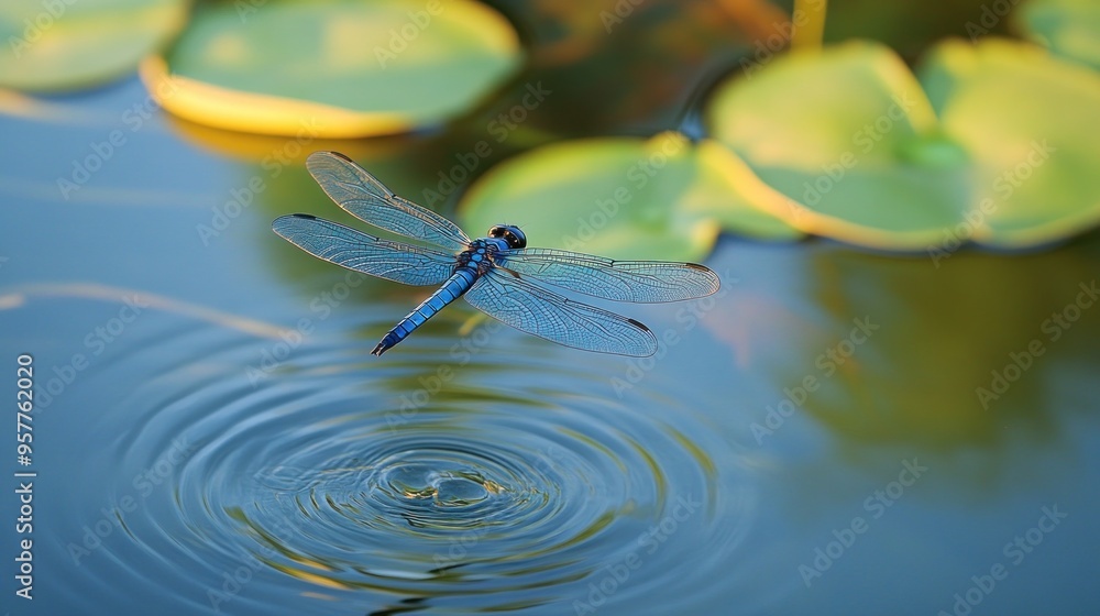 Poster dragonfly hovering above a pond