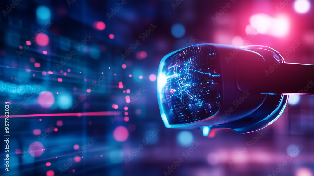 Poster futuristic virtual reality headset with neon lights and digital interface in a high-tech environment