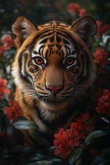 Fototapeta premium Illustration of a young tiger surrounded by red flowers in a dark, lush garden