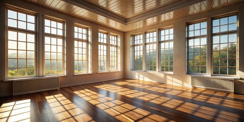 A sunny room with windows, casting shadows on various objects, sunny, room, windows, shadows, objects, bright, interior