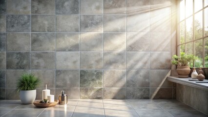 Gray-toned tile background with various props, sunlight through window , gray, tile, background, props, sunlight, window, interior