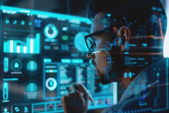 A futuristic holographic financial advisor provides AI-driven insights on a digital display, highlighting advanced personal finance management tools