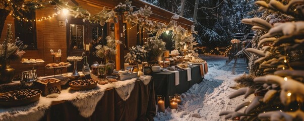 Cozy winter wonderland wedding with fur throws and hot chocolate station, 4K hyperrealistic photo
