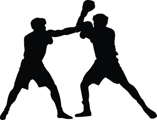 Boxer silhouette illustration. People pose while boxing isolated on white.