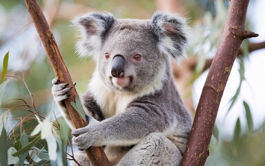 Obraz premium Koala in a Eucalyptus Tree: Close-Up with Lush Green Background