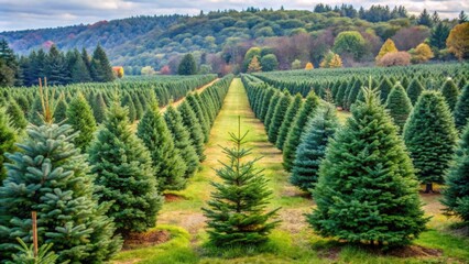 Naklejka premium A picturesque Christmas tree farm with rows of evergreen trees, Christmas, tree, farm, holiday, season, winter