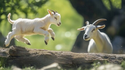 Fototapeta premium Playful Goat Kid Jumping Over a Log