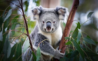 Obraz premium Koala in a Eucalyptus Tree: Close-Up with Lush Green Background