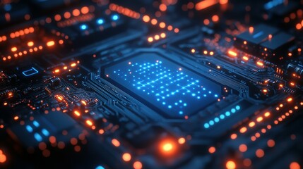 Obraz premium A Close-Up of a Circuit Board with Glowing Blue and Orange Lights