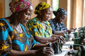 Elderly women in a sewing group, each focused on their projects, learning new techniques from one another in a supportive environment