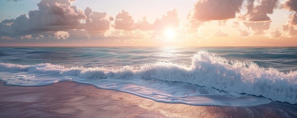 Peaceful beach at sunrise with gentle waves, 4K hyperrealistic photo,