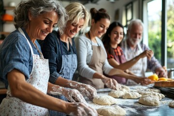 Middle-aged group in a cooking class, kneading dough together and enjoying the tactile experience