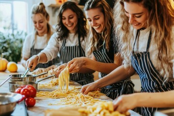 Friends in aprons, learning to make homemade pasta together in a fun and interactive cooking class
