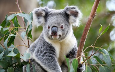 Obraz premium Koala in a Eucalyptus Tree: Close-Up with Lush Green Background