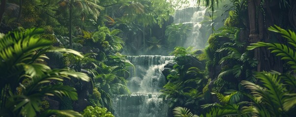 Dense tropical rainforest with vines and waterfalls, 4K hyperrealistic photo,